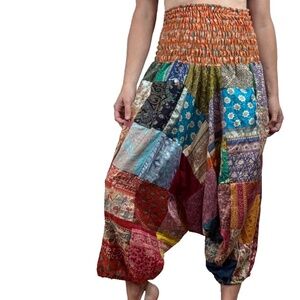 Vintage Silk Patchwork Harem Pants Jumpsuit One Size Made in India Boho Festival